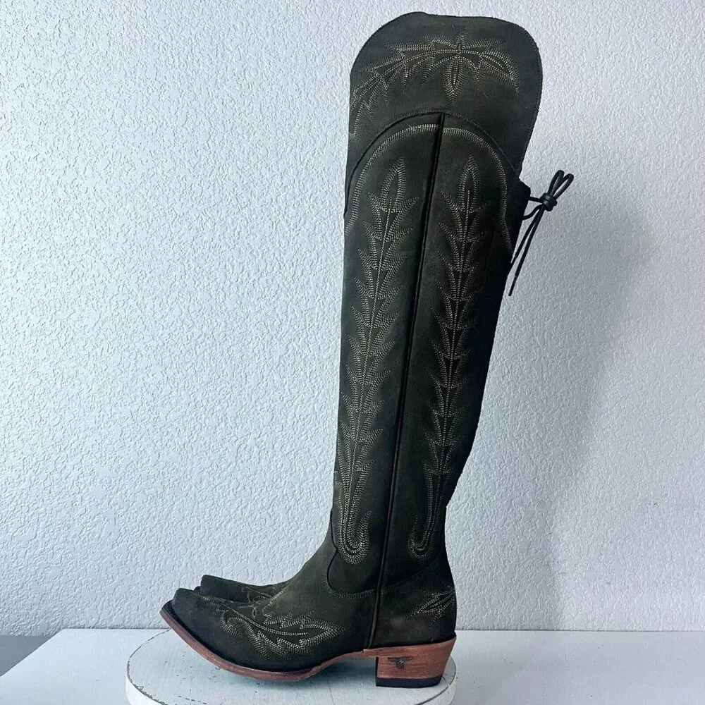 Over-the-Knee Suede Riding Boots in Olive Green